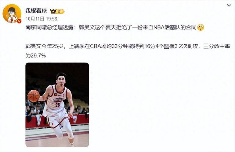 拒绝活塞训练营合同！媒体人：郭昊文现已完全没了向上奋斗的心气